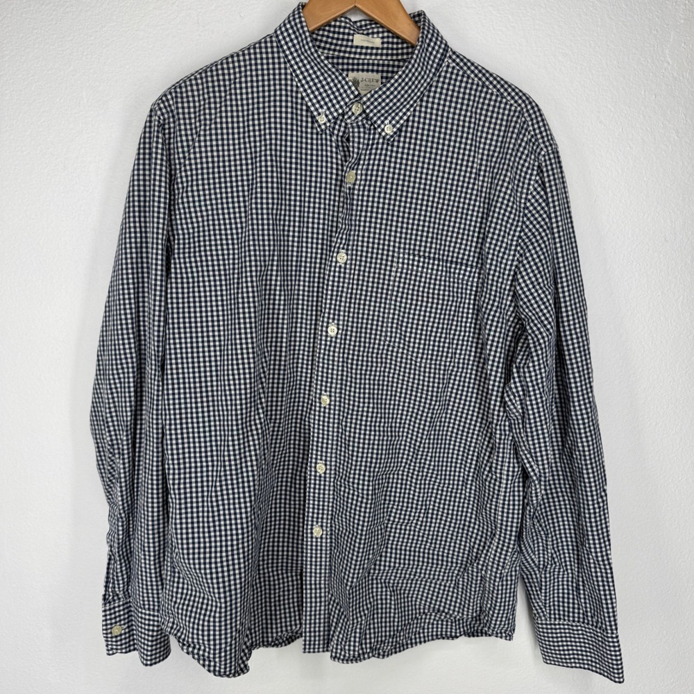 J Crew Mens Button Shirt Gingham‎ Check Navy Tailored Fit Large Washed Casual